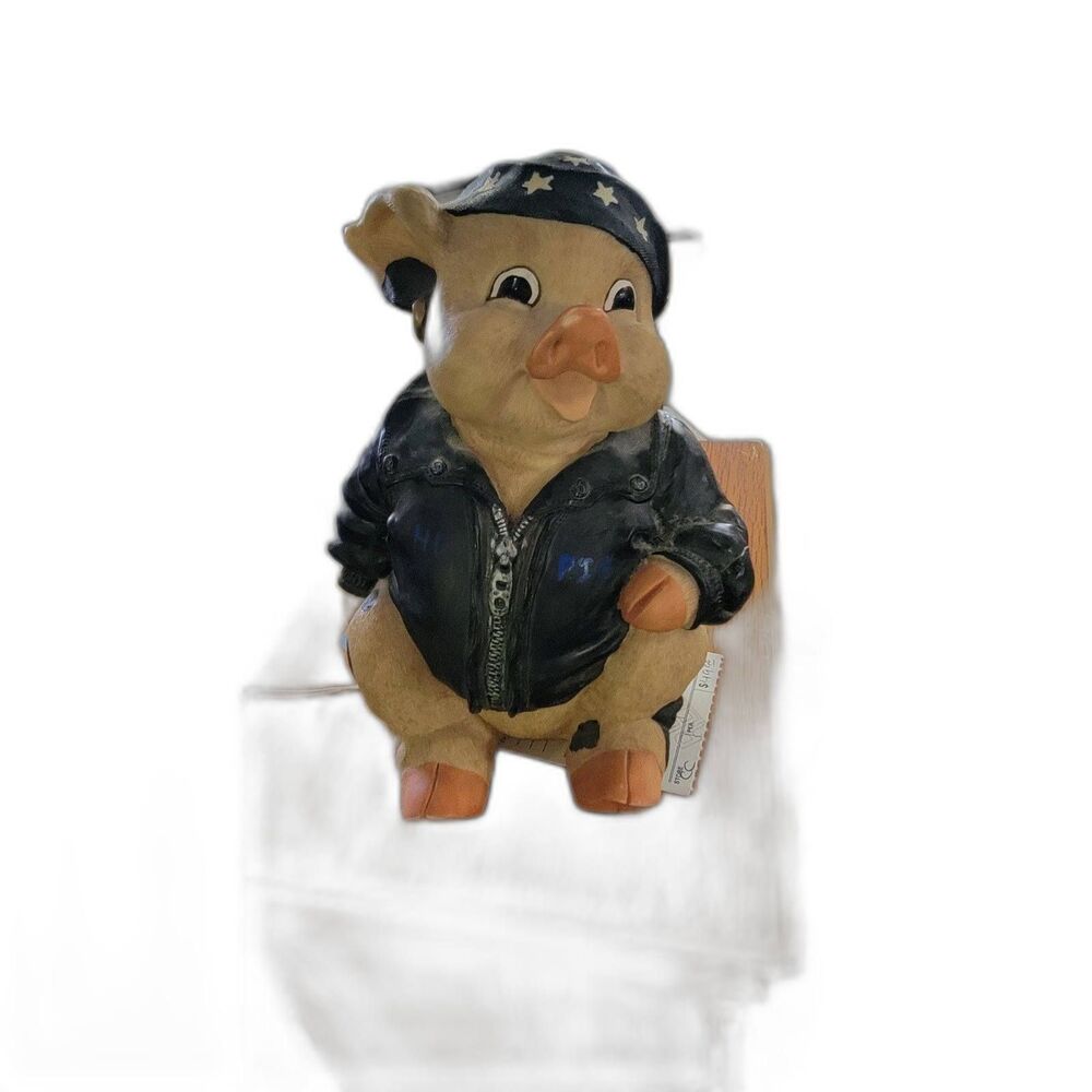 Motorcycle Biker 9" Pig HOG Piggy Bank w Earring, Leather Jacket & Bandana